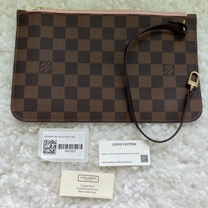 SOLD - NEVERFULL MM POUCH DAMIER EBENE WITH ROSE BALLERINE INTERIOR
